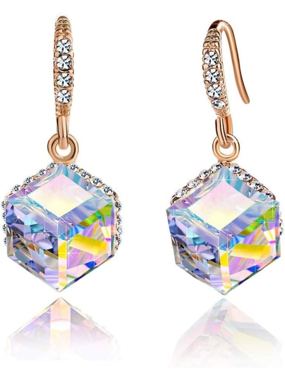 Elegant Austrian Crystal Cube Drop Earrings, 14K Gold Plated, Women's Jewelry